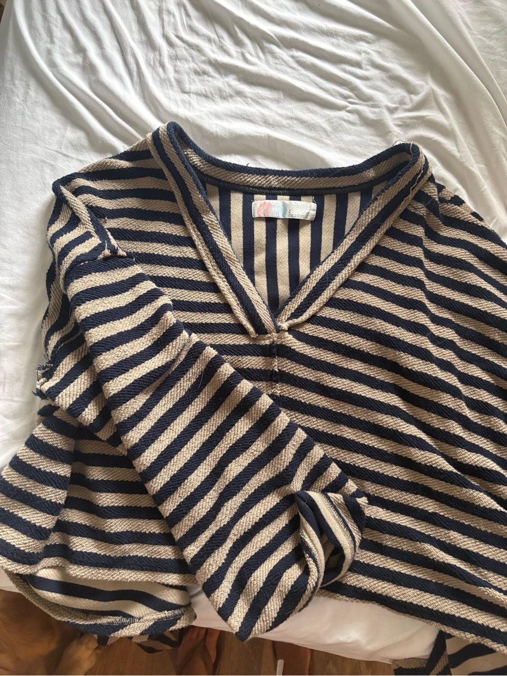 Free People Navy and Tan Striped V-Neck Sweater